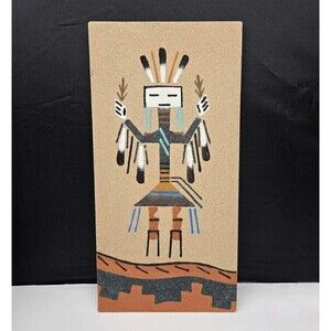 Vintage Native American Navajo Sand Painting Yei-Bei-Chai Dancer Wood Panel 12"